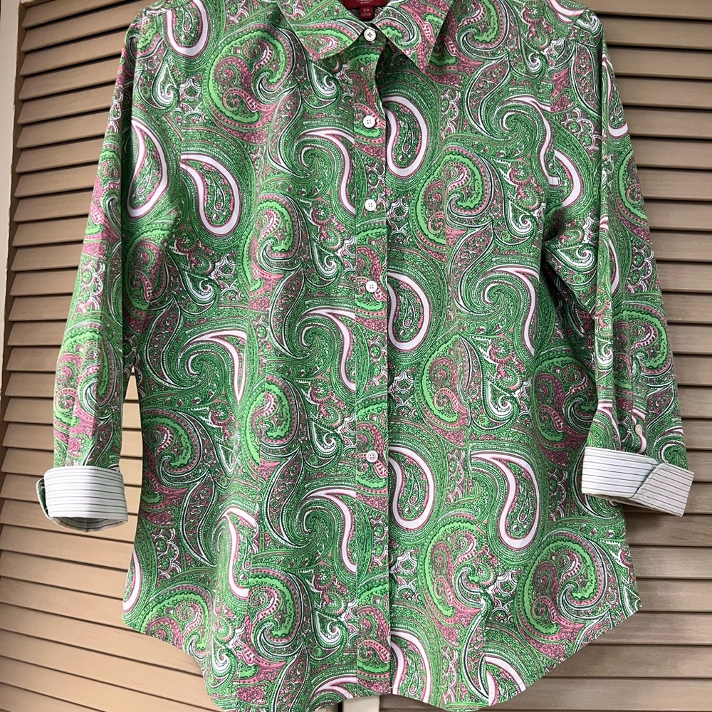 Talbots Vibrant Green and Pink Paisley Blouse